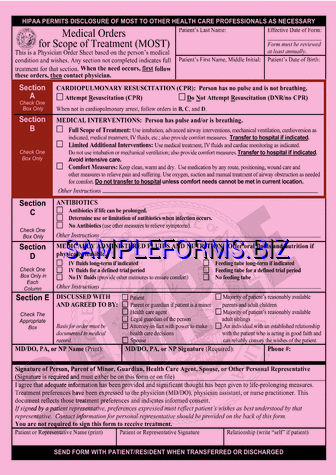 North Carolina Medical Orders For Scope of Treatment (MOST) Form pdf free